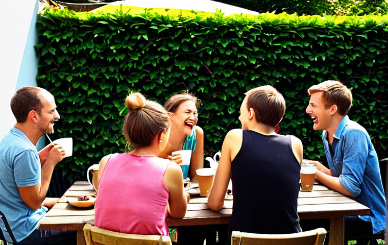 **
A vibrant photo of a "Kaffeeklatsch" (coffee gathering) in a neighbor's garden in Berlin. Several people are laughing while drinking coffee. In the background, kids are playing. The weather is sunny and warm, with a typical "Berliner Balkon" covered in flowers visible. Focus on conveying a strong sense of community and friendly interaction. The style should be realistic, as if capturing a candid moment.
**