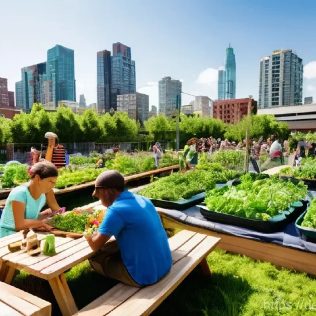 기후 변화 대응을 위한 커뮤니티의 협력 체계 - **Community Urban Garden Festival:** A vibrant, sun-drenched urban community garden filled with dive...