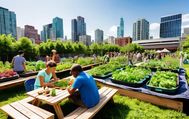 기후 변화 대응을 위한 커뮤니티의 협력 체계 - **Community Urban Garden Festival:** A vibrant, sun-drenched urban community garden filled with dive...