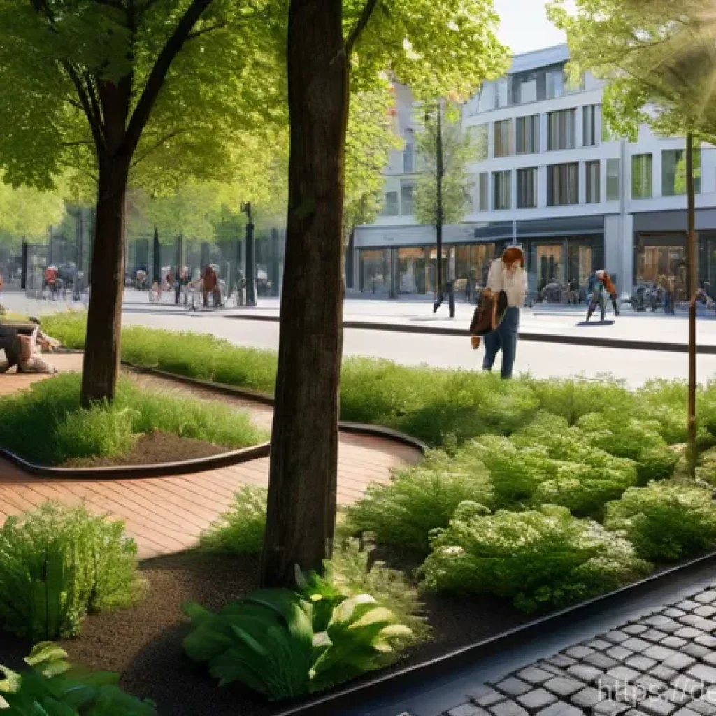 기후 회복력 향상을 위한 글로벌 협력 방안 - **Prompt:** A vibrant, bustling street scene in a modern German city, showcasing advanced urban clim...