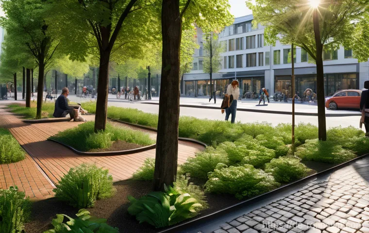 기후 회복력 향상을 위한 글로벌 협력 방안 - **Prompt:** A vibrant, bustling street scene in a modern German city, showcasing advanced urban clim...