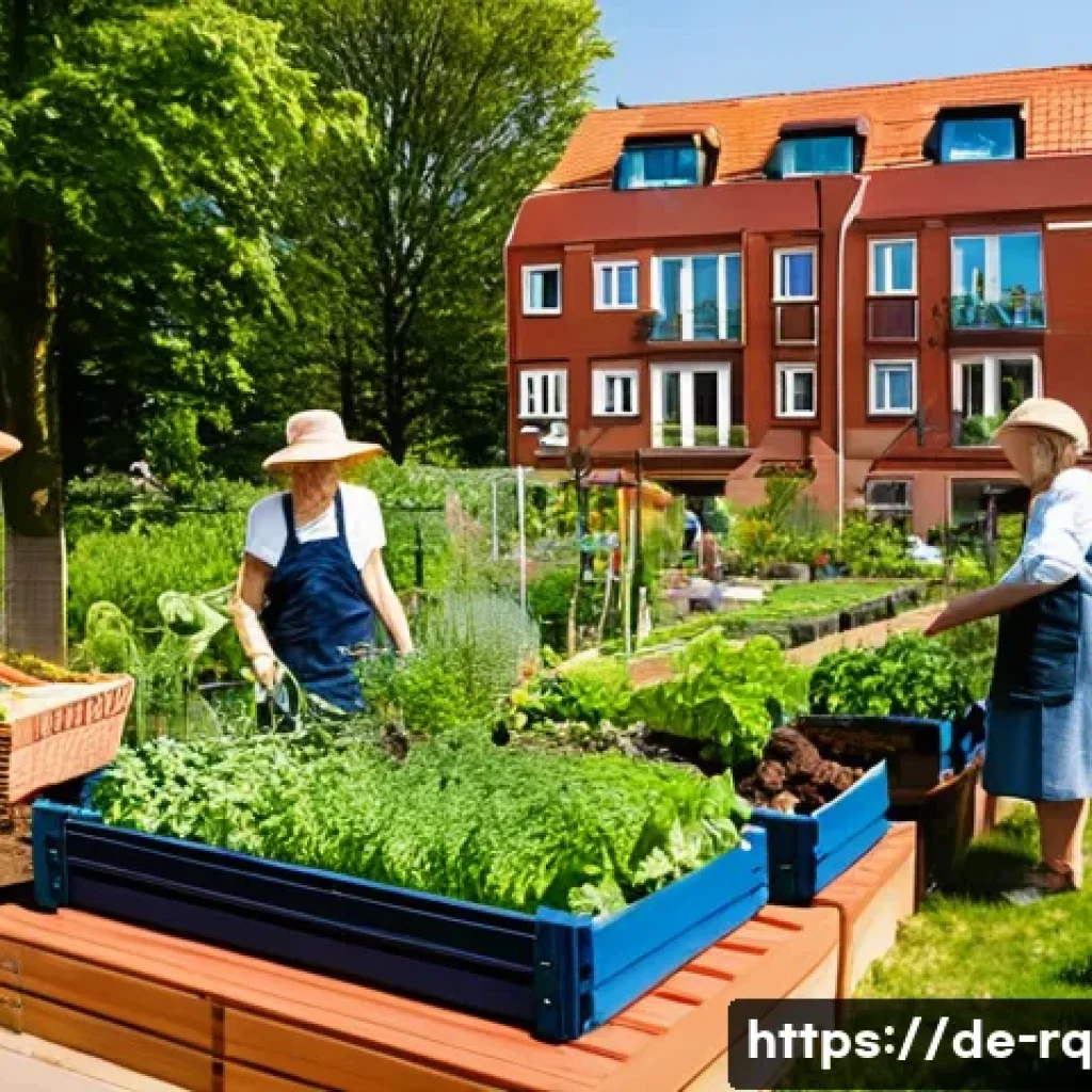 회복력 있는 지역사회를 위한 공동체 프로그램 - **Prompt:** A bustling community garden in an urban German neighborhood, bathed in warm afternoon su...