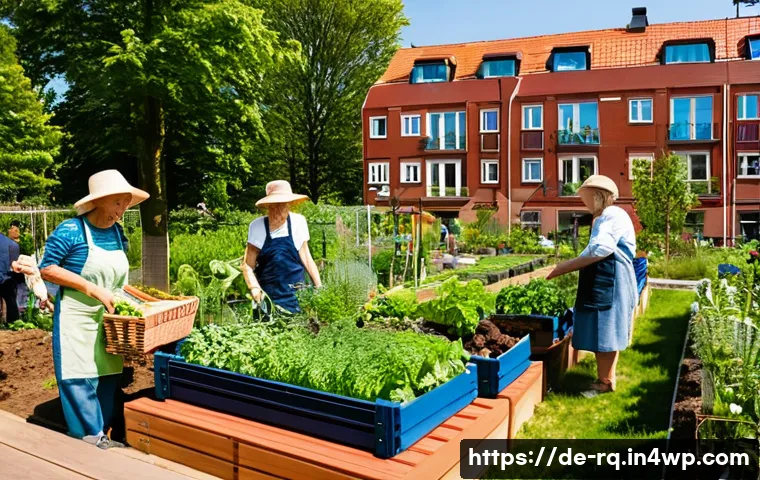 회복력 있는 지역사회를 위한 공동체 프로그램 - **Prompt:** A bustling community garden in an urban German neighborhood, bathed in warm afternoon su...