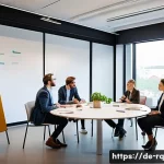 Home 19 기후 회복력 커뮤니티의 기업 참여 모델 - A dynamic corporate co-creation workshop scene set in a modern German urban community center, featur...