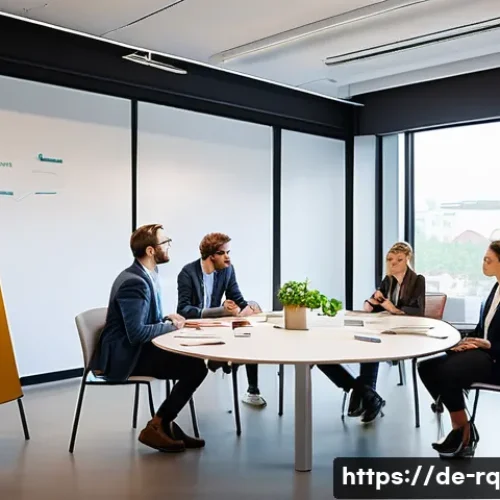 Home 31 기후 회복력 커뮤니티의 기업 참여 모델 - A dynamic corporate co-creation workshop scene set in a modern German urban community center, featur...